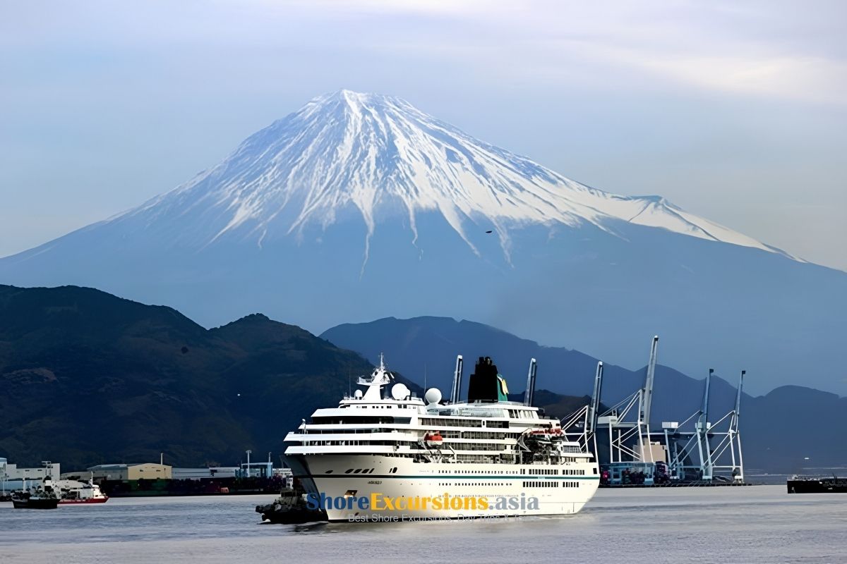 Cruise ship and Mount Fuji viewed from Shimizu Port Japan