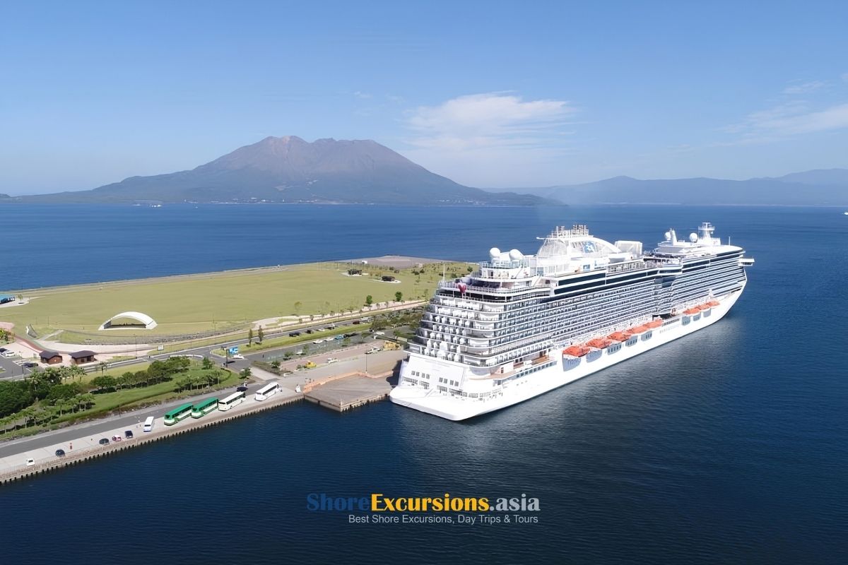 Sakurajima volcano and cruise port in Kagoshima Japan